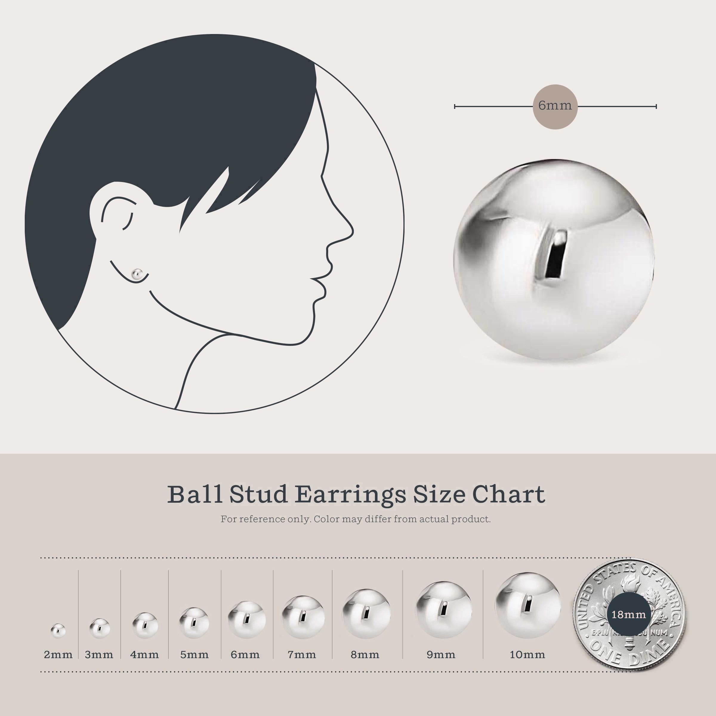 Kezef Women's 925 Sterling Silver High Polish Smooth Round Ball Stud Earring 5-Size Set - 4mm,5mm,6mm,7mm and 8mm