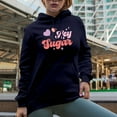 thumbnail image 2 of Retro Hey Sugar feat. Heart Lollipops, Valentine's Day Art Merch Gift, Navy Blue Hooded Sweatshirt or Hoodie, Small, 2 of 5