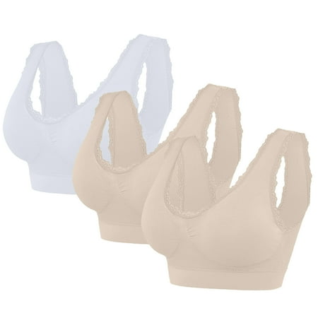 Tao Tao Tshirt Bras for Women High Support Seamless Bralettes Lace Push Up Bra No Underwire Ultra Thin Cotton Bras 3PCS White L