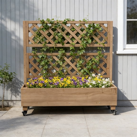 Raised Garden Bed with Trellis on wheels, Free-Standing Trellis Planter Box with 4 Drainage Holes,Brown
