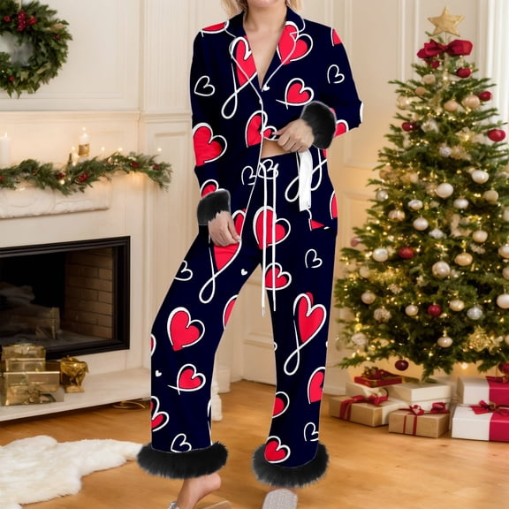 Pajama Sets for Women Button Heart Print Long Sleeve Top And Pant Pj Set Soft Loungewear Two Piece Holiday Sleepwear Sets Black L
