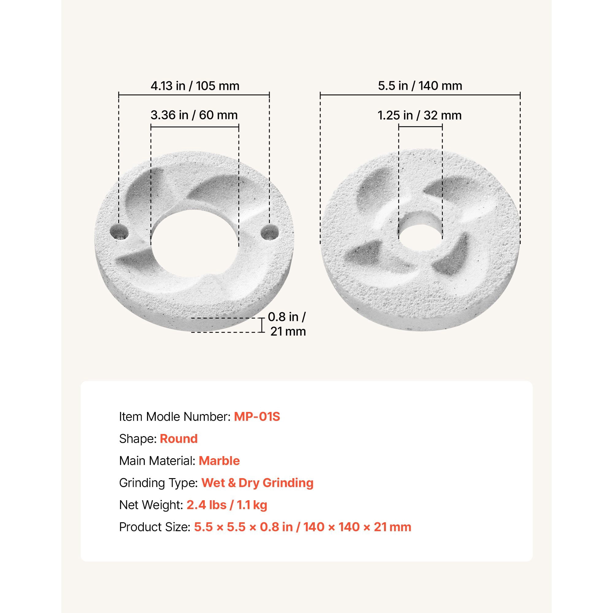 Grinding Sheets for Electric Grain Mill, 2PCS Marble Dry and Wet Grinding Discs, Compatible with GM-002, 5.5 Inch Size for Grains, Coffee, Spices, Fruits, Meat