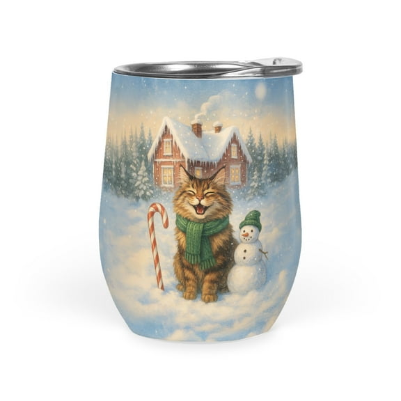 Hello Winter Vintage Maine Coon Enjoys Snowy Day with Snowman 12oz Stainless Steel Wine Tumbler Insulated Cup with Lid Cat Lover Kitten Owner Gifts - 12019