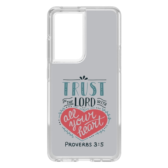 DistinctInk Clear Shockproof Hybrid Case for Galaxy S21 ULTRA 5G (6.8" Screen) - TPU Bumper, Acrylic Back, Tempered Glass Screen Protector - Proverbs 3:5 - Trust In The Lord All Your Heart