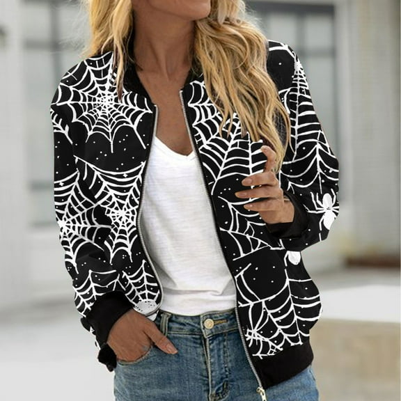 WXLWZYWL Womens Halloween Bomber Jacket Trendy Pumpkin Ghost Bat Spider Floral Print Casual Coat Zip Up Outerwear Windbreaker with Pockets Stand Collar Fall Clothes