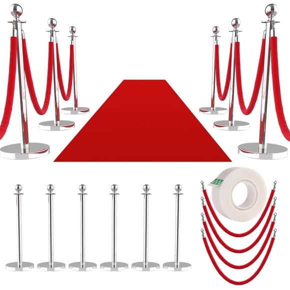 Sturdy Stainless Steel Stanchion Posts with Red Velvet Ropes & 15ft x 3ft Red Carpet – Decorative Outdoor Fence, Ideal for Crowd Control at Events, Hotels, Weddings – 6 Pack