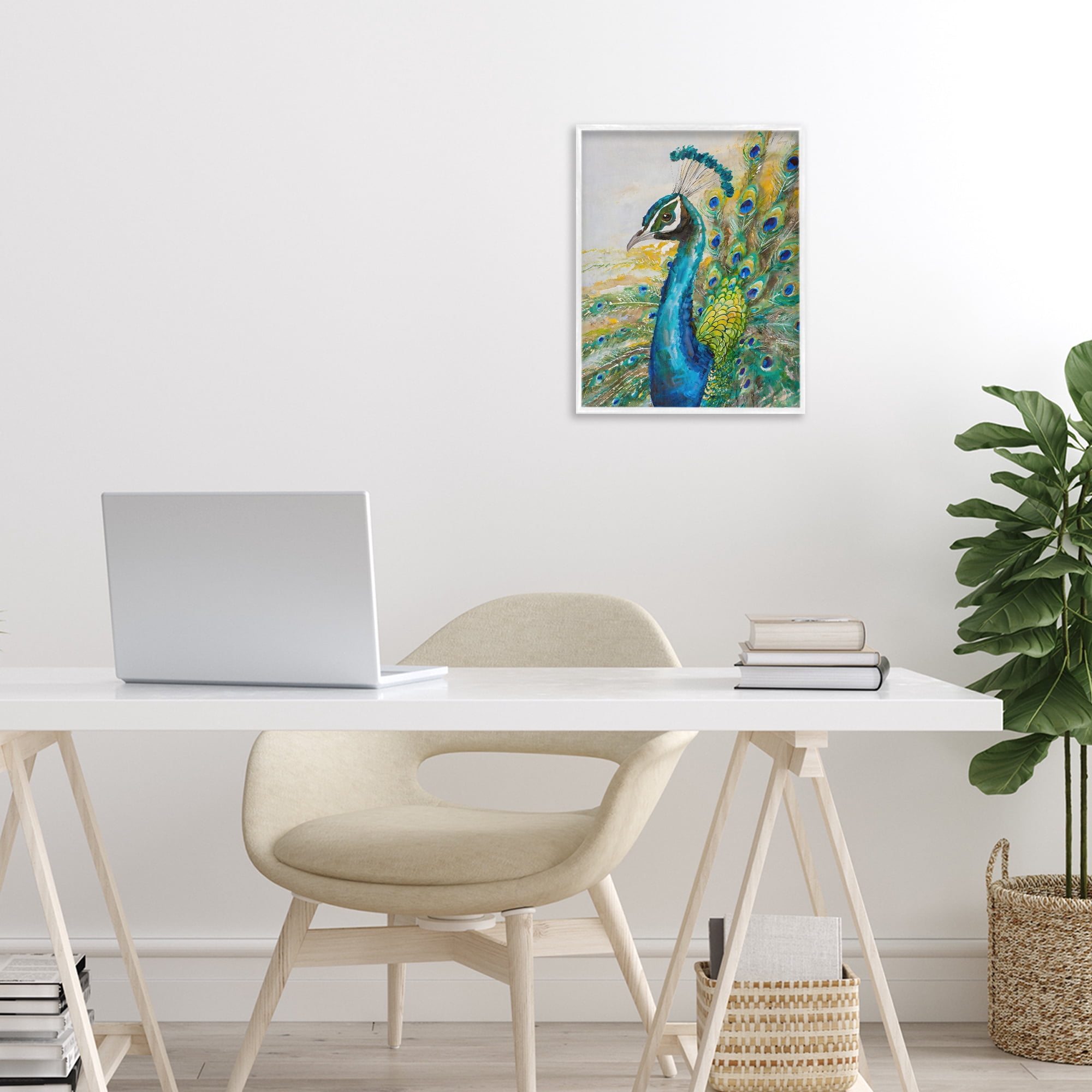 Stupell Industries Regal Blue Peacock Feathers White Framed Giclee Art, design by Creative Studio