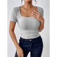 thumbnail image 5 of Aojekbee Women's Summer Knit Cropped Tops Solid Color Ribbed U-Neck Short Sleeve Show Navel Knitwear, 5 of 10