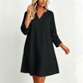 thumbnail image 6 of Women Solid V Neck 3/4 Sleeve Cotton Linen Mini Dress, Loose Casual Swing Dress, Breathable Vacation Dress Black XL(XL), 6 of 8