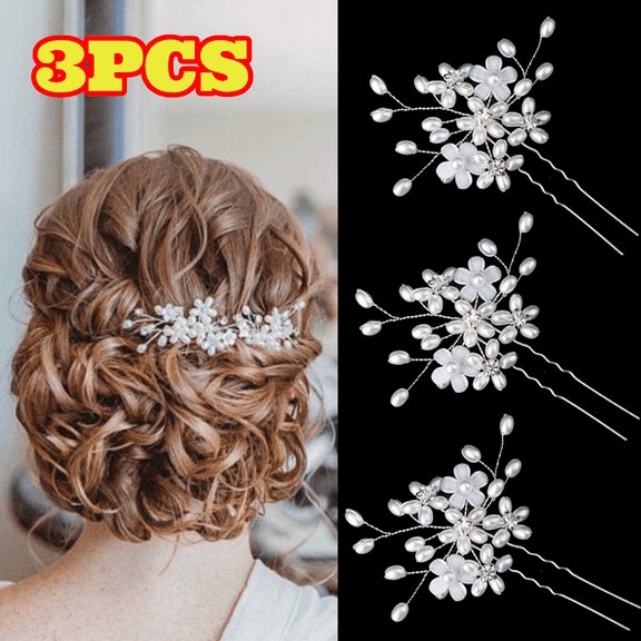 3pcs Elegant Pearl Wedding Hair Pins, Bendable Floral Crystal Hair Accessories for Women Bridal