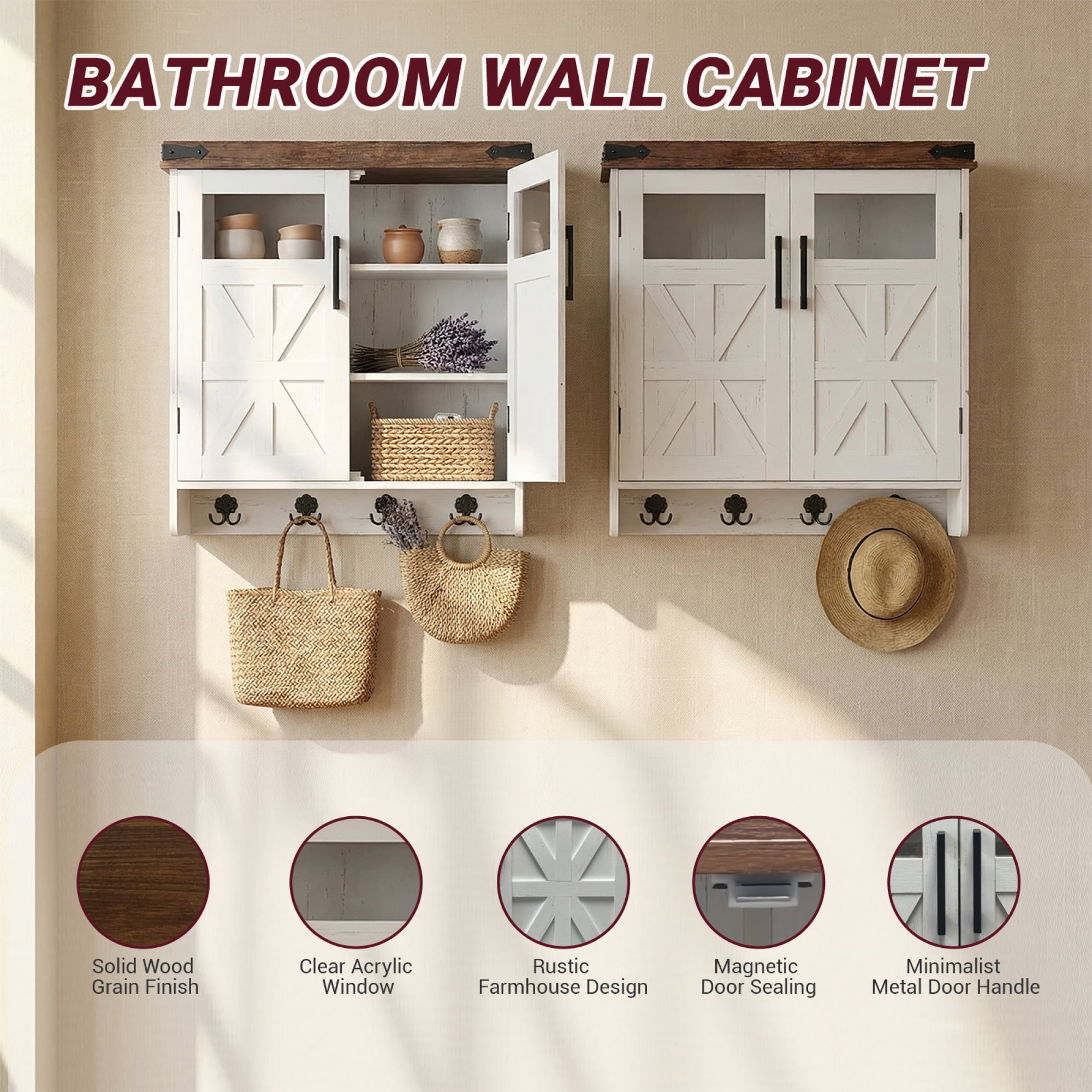 HOQBN Wall Storage Cabinet, Farmhouse Cabinet with Adjustable Shelves & Hook, Bathroom Storage for Small Bathrooms, Kitchen, Laundry Brown+White