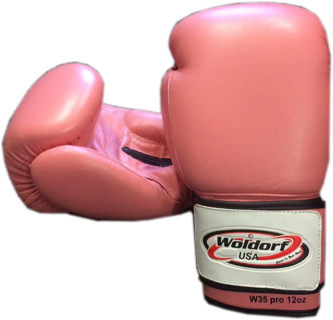 Woldorf USA Top Grade Leather Pink Boxing Gloves for Men and Women Heavy Essential Gel Boxing Punching Bag Gloves Kickboxing Sparring MMA Muay Thai Training Gloves Vinyl 16oz
