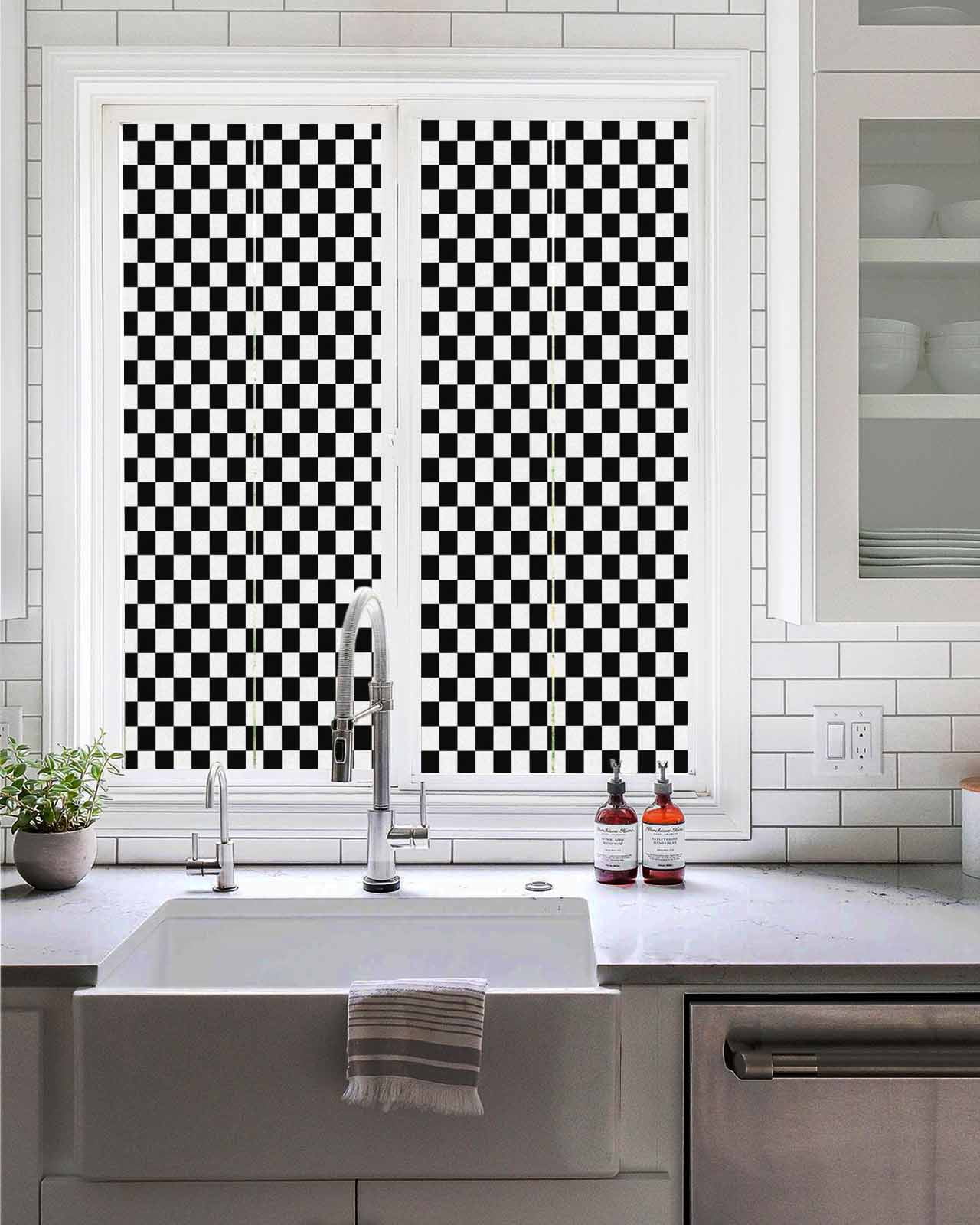 Window Privacy Film Black White Plaid Stained Glass Window Film Decorative Sun Block Window Cover Modern Buffalo Check Gingham Art Window Clings Static Adhesive Sticker for Bathroom 19.6"x39.3"