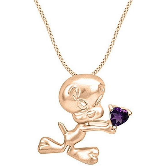 0.50ct Lab-Created Amethyst Tweety Bird with Heart Pendant Necklace 14K Rose Gold Over 925 Sterling Silver Birthstone Pendant