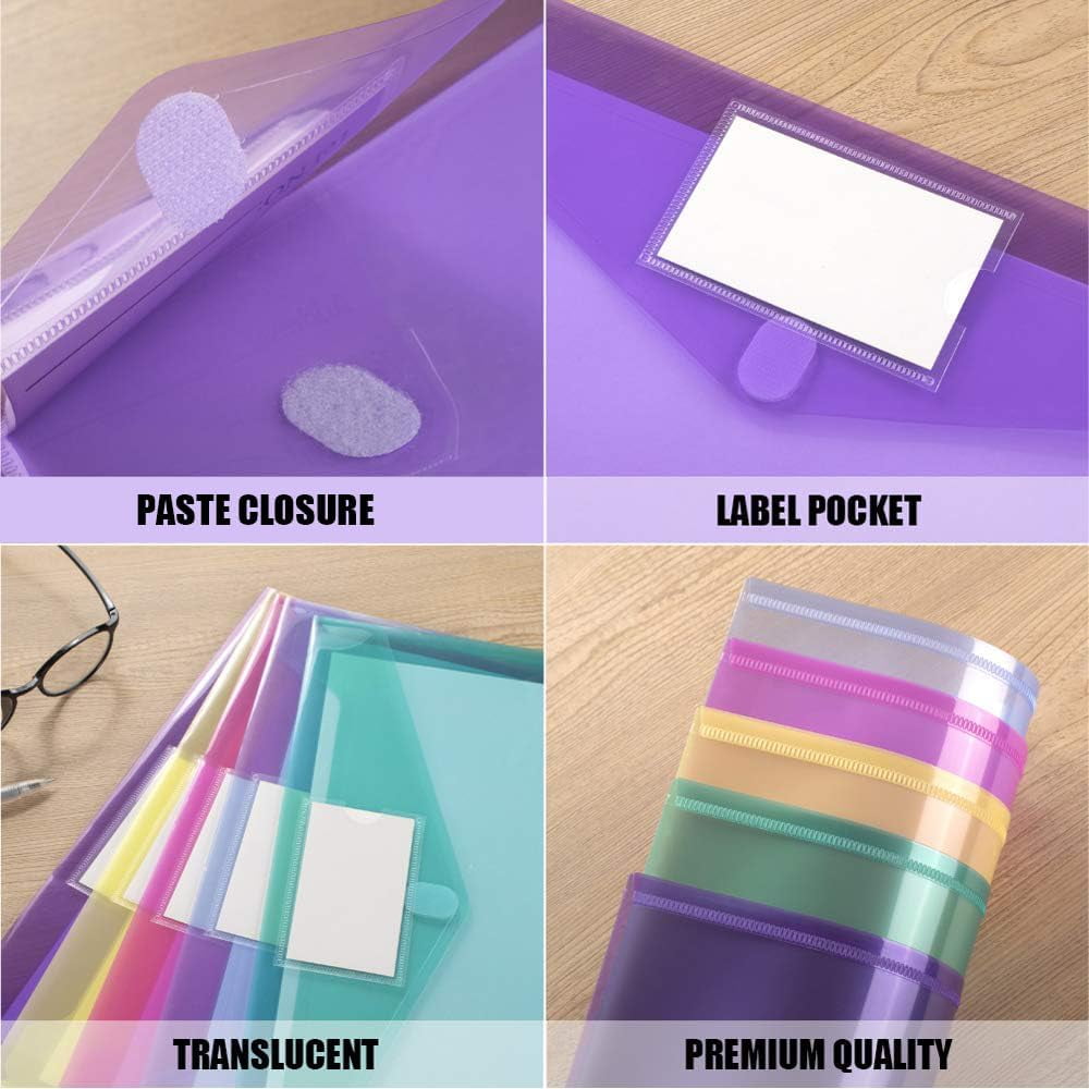 10 Pack File Folders, Clear Poly Envelopes Plastic Folders, Folder for Documents Letter A4 Size with Label Pocket, Teacher School Office Supplies Organization Storage, Assorted Color