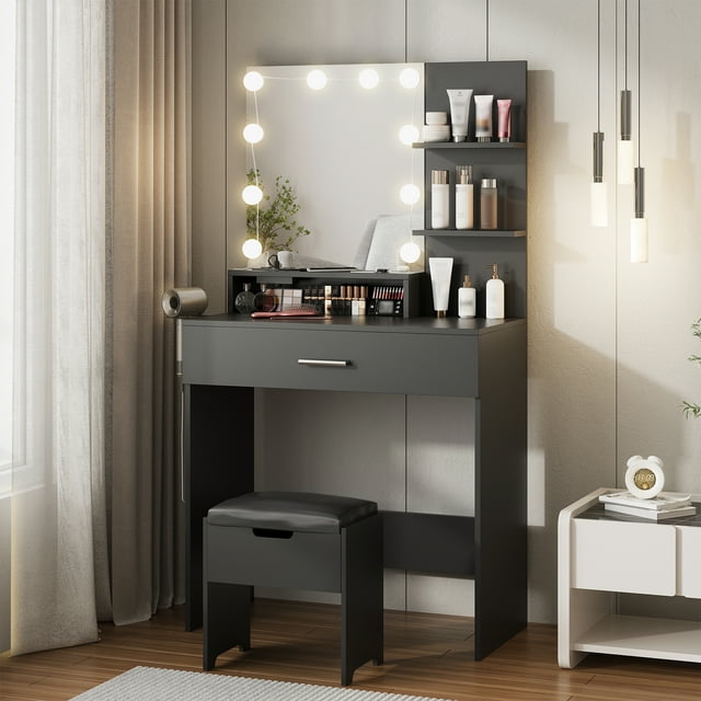 Vabches Lumières DEL Coiffeuse Tabouret de Coiffeuse Ensemble de Table Noir