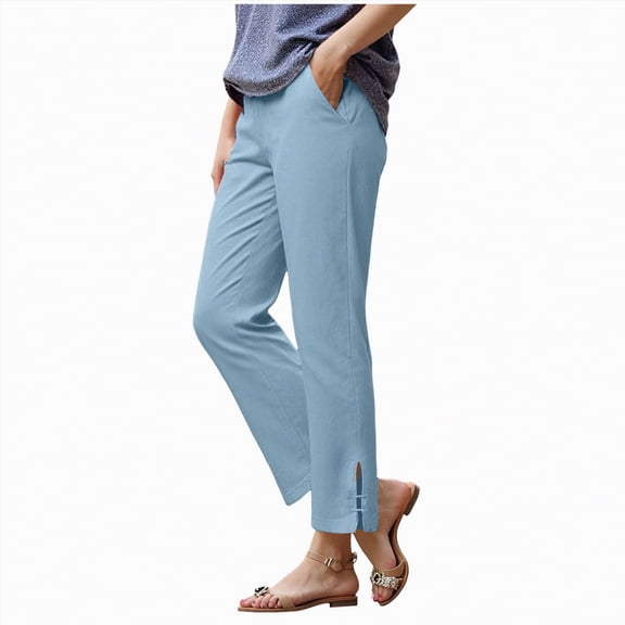 KPOPLK Linen Pants Women Wide Leg Palazzo Summer Flowy Pants Beach Vacation Clothes Elastic Waist Travel Trousers with Pockets Size XXXXL,Light Blue