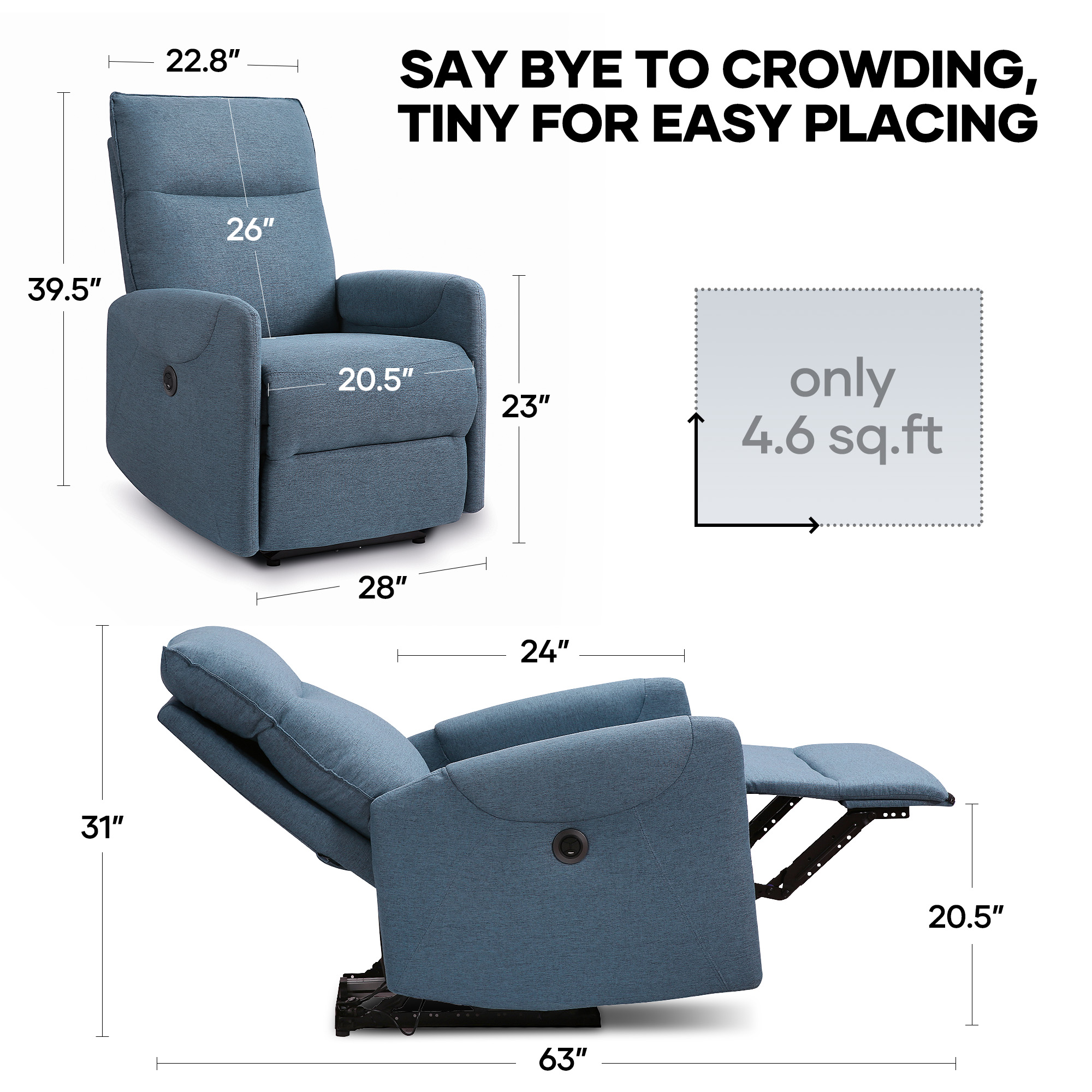 MARNUR Electric Recliner Chair with USB Charge Port, Weight Capacity 360lb, One Button Free Control Angle, Fluffy Plush Backrest, Linen, Blue