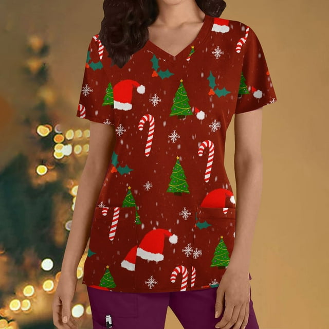 TIMIFIS Haut de Sarrau Rouge pour Femmes, Haut Cache-Cœur Imprimé de Noël pour les Fêtes, Chemise à Encolure, Bonhomme de Neige, Manches Courtes, Col en V, Tunique d'Infirmière pour le Travail, Blouse d'Uniforme de Travail avec Poches - Rouge Automne/hiver