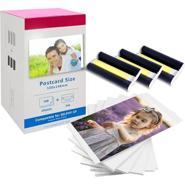 SHIQI-Compatible for Canon Selphy CP1500 CP1300 CP1000 CP1200 CP910 Ink Photo Paper Set KP108 3Color Ink Cartridge and 108 Sheets 4x6 Photo Paper Replace for Canon Selphy KP-108IN CP800 CP810 Printer