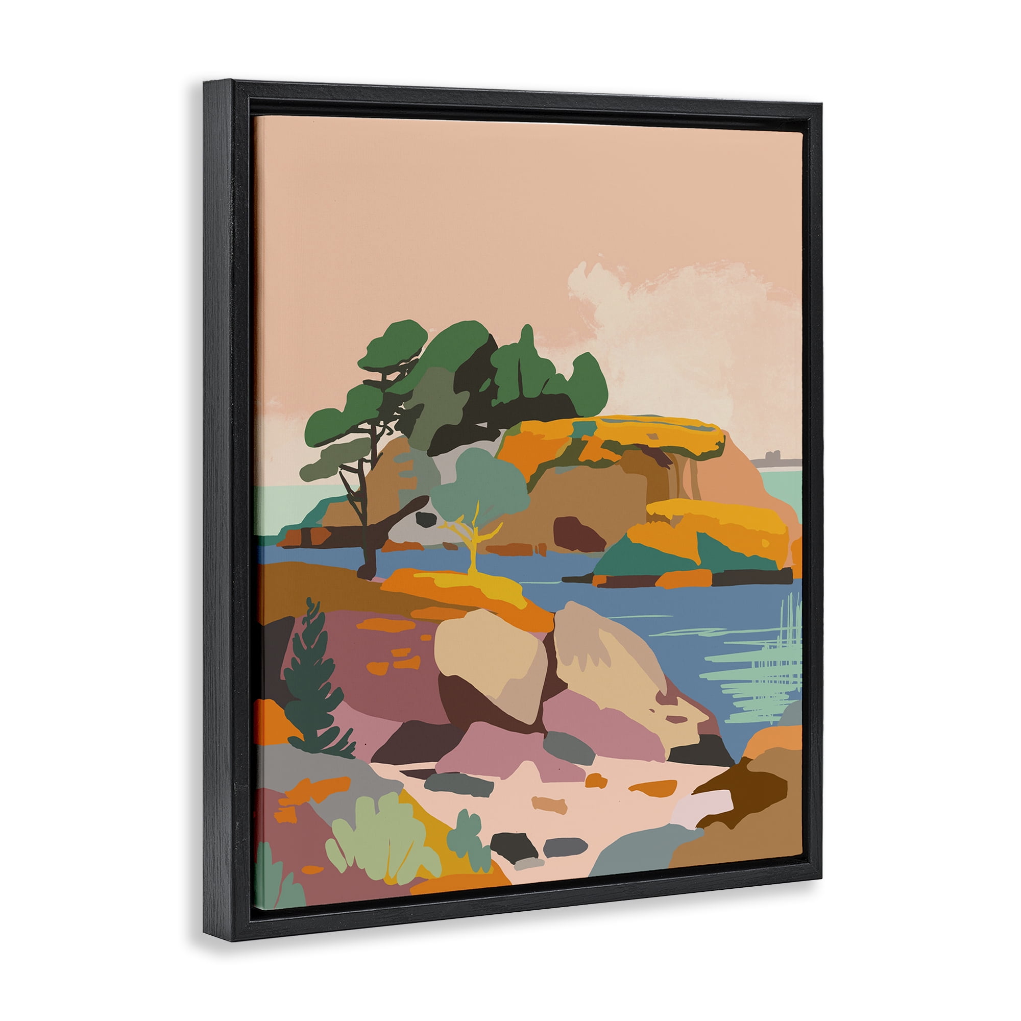 Stupell Industries Abstract Lake & Cliffs Landscape Painting Black Floater Framed Art Print Wall Art, 17 x 21