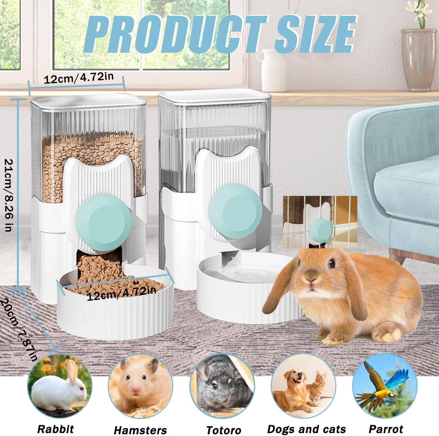 Hanging Automatic Rabbit Feeder and Water Dispenser Set, Gravity Rabbit Feeder Waterer for Cage, Small Animal Hanging Bottle Bowl Set, Food Water Dispenser for Cat Dog Bunny Guinea (Blue)