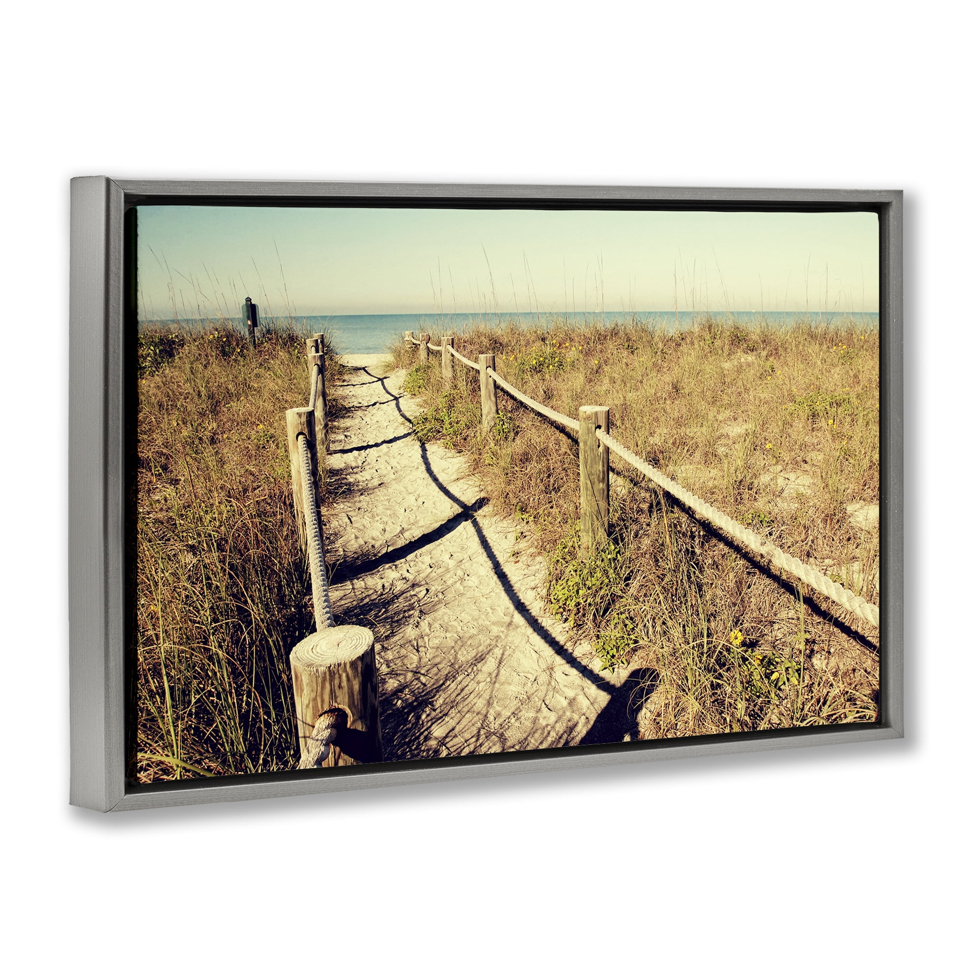 Stupell Industries Sandy Path Railing Landscape & Nature Photography Gray Floater Framed Canvas Art Print Wall Art, 31 x 21