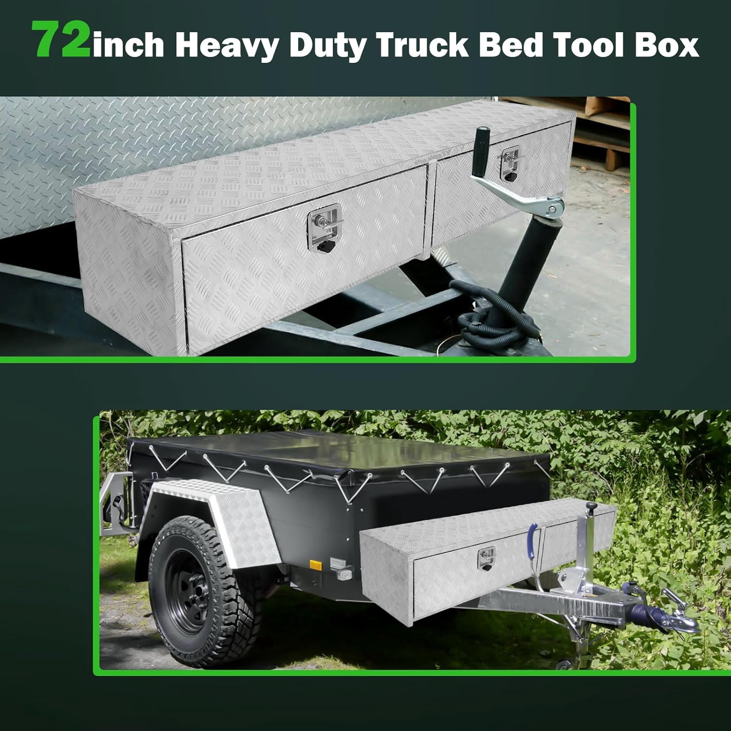 SCITOO 72 Inch Aluminum Truck Bed Tool Box Heavy Duty Diamond Plate Trailer Tool Box with Lock Keys Tool Storage Organizer Chest for Pick up TruckBed ATV RV Trailer Waterproof 72X13X16