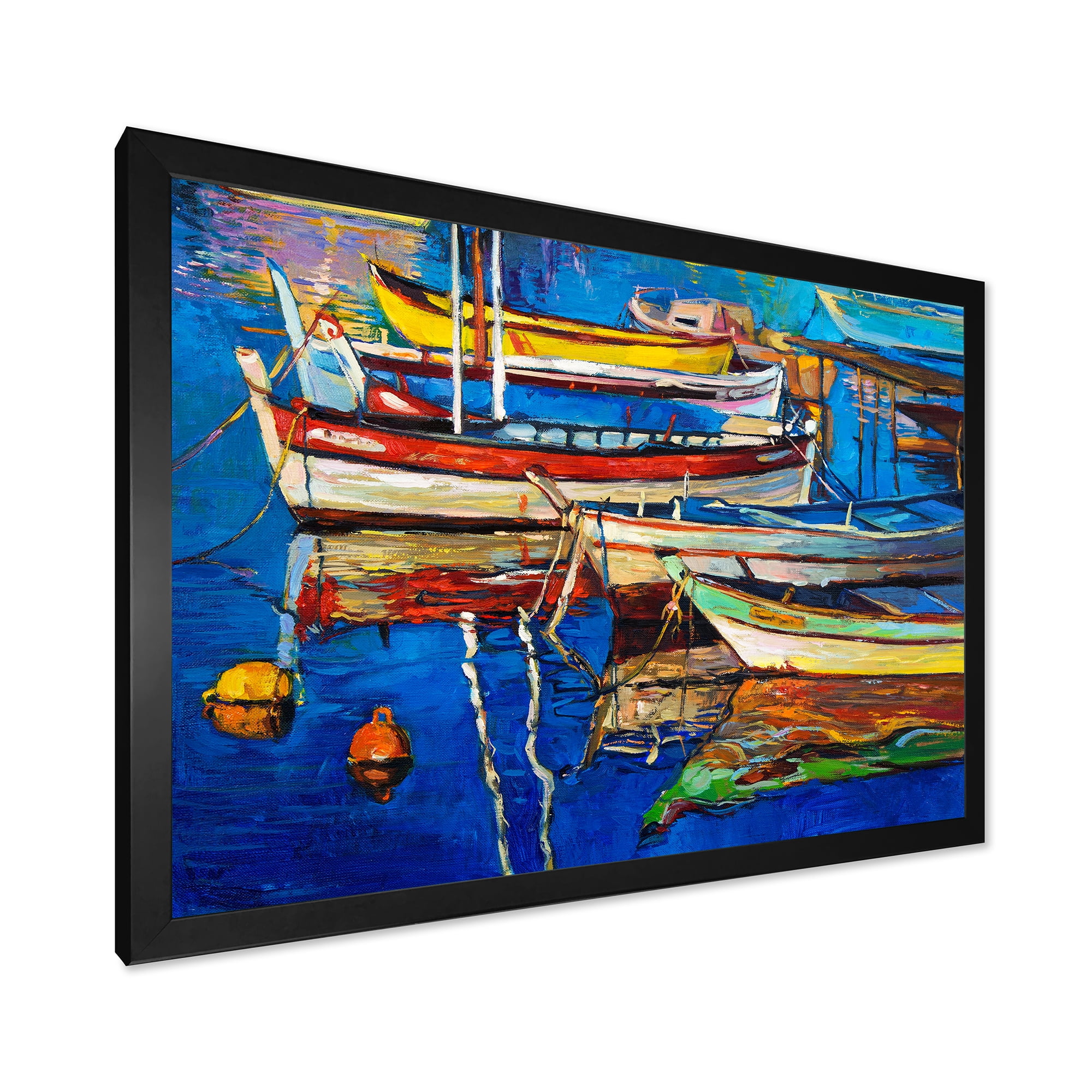 Designart 'Boats Near Coastal Town Resting On The Water II' Nautical & Coastal Framed Art Print