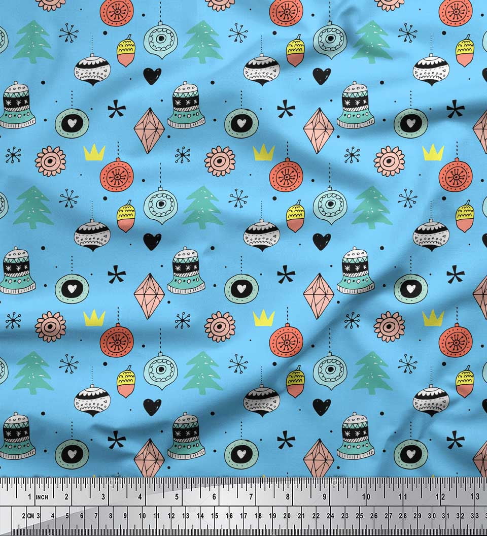 Soimoi Blue Heavy Satin Fabric Tree & Ornament Christmas Print Sewing Fabric Yard 54 Inch Wide