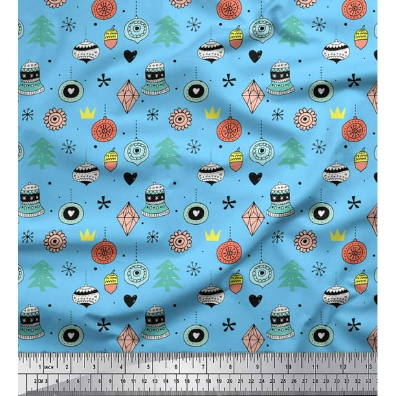 Soimoi Blue Cotton Voile Fabric Tree & Ornament Christmas Print Fabric by Yard 42 Inch Wide