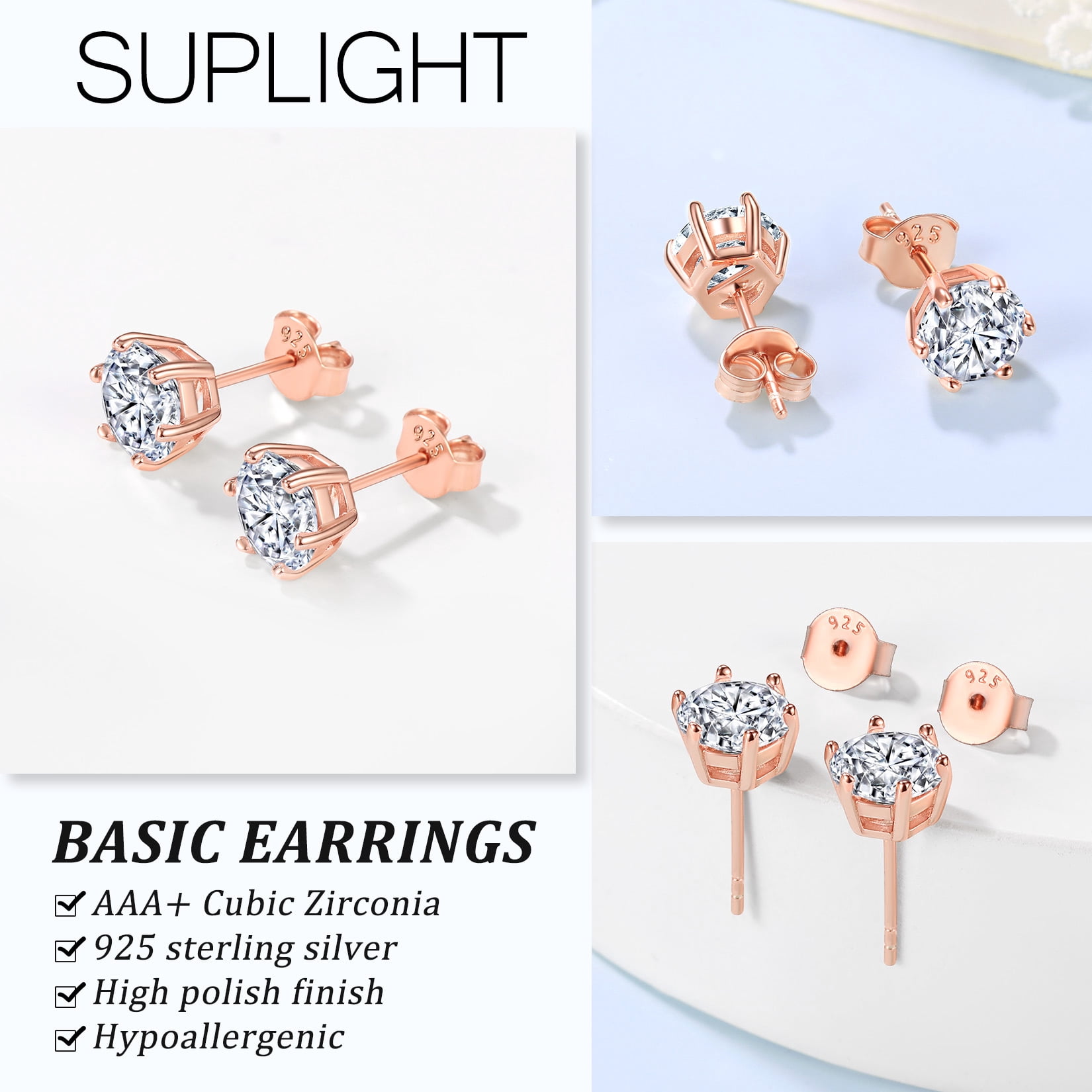 Suplight 925 Sterling Silver/Rose Gold Plated Simulated Diamond Black Cubic Zirconia Stud Earrings for Women Men