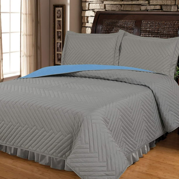 Deluxe Herringbone Reversible 1800 Premium Bedding Collection 3pc Coverlet Quilt Set Bedspread Full Queen Size Grey Blue Walmart Com Walmart Com