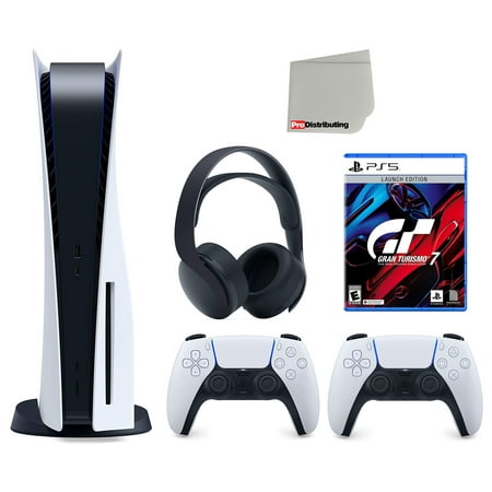Sony Playstation 5 Disc (PS5 Disc) with Extra White Controller, Gran Turismo 7 Launch Edition and Black PULSE 3D Headset Bundle with Cleaning Cloth