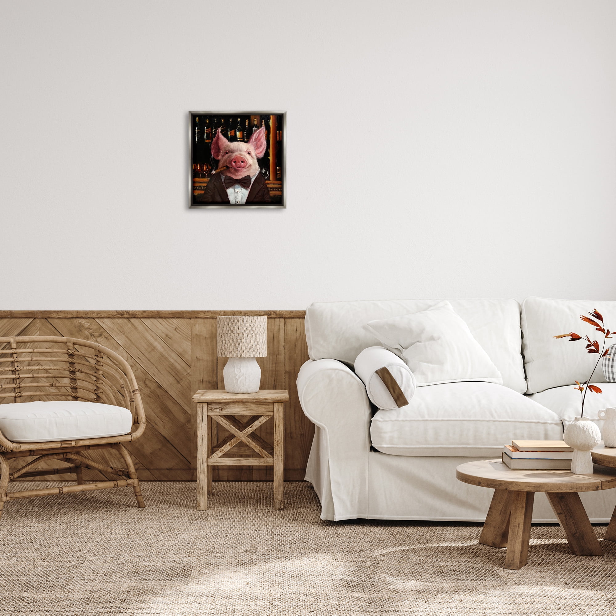 Stupell Industries Classy Pig at Cigar Bar Animals & Insects Painting Gray Floater Framed Canvas Art Print Wall Art, 18 x 18