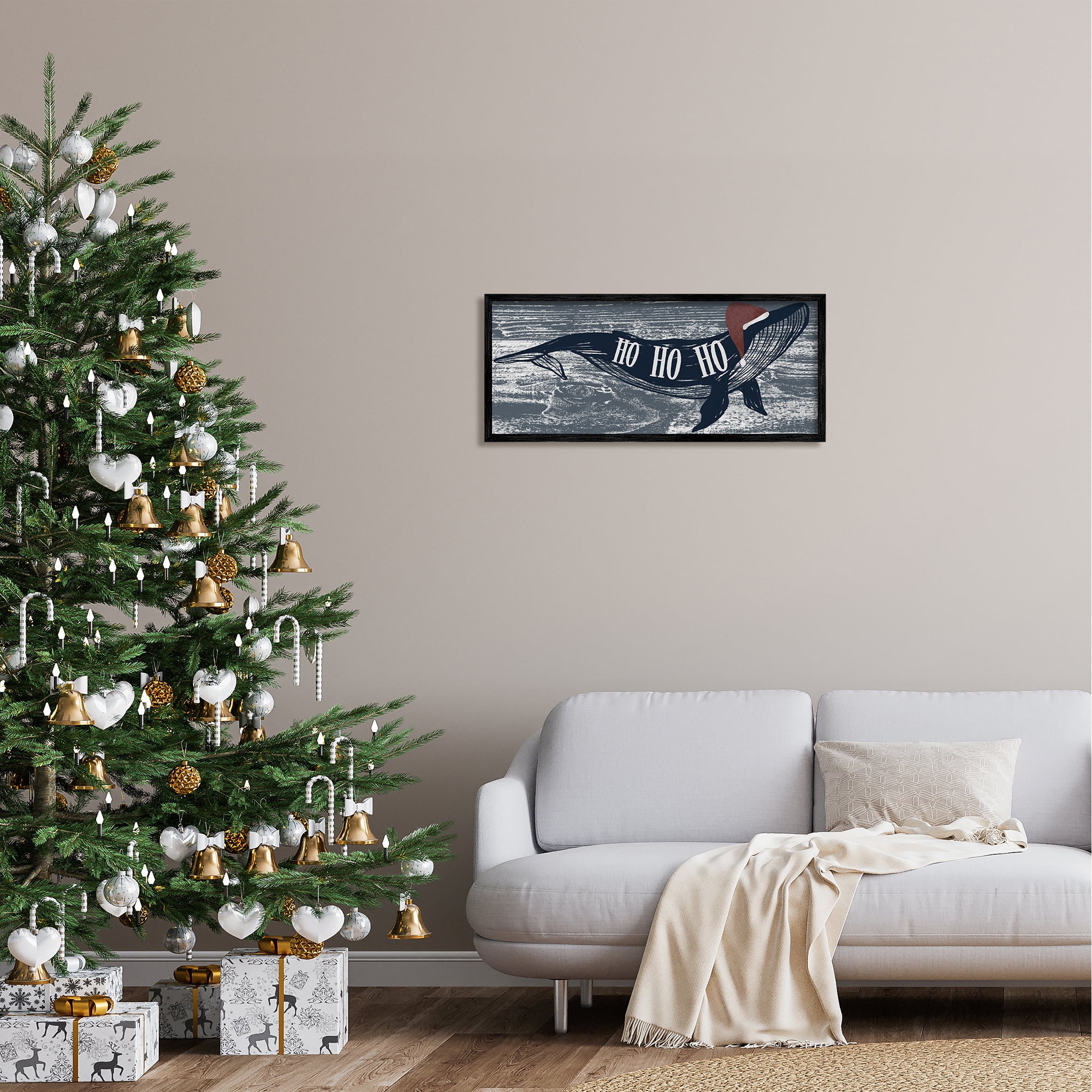 Stupell Industries Ho Ho Ho Christmas Santa Whale Holiday Painting Black Framed Art Print Wall Art