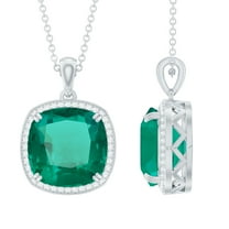 Rosec Jewels Lab Grown Emerald Pendant Necklace with Moissanite Halo - 12 mm - AAAA Grade, 18K White Gold