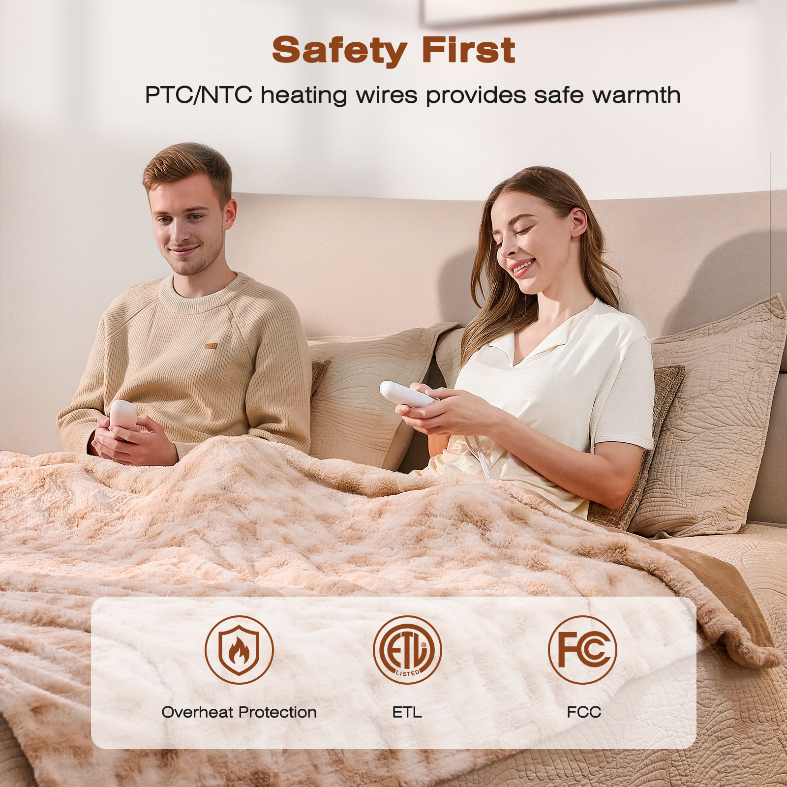 Ocuuziisu 90" × 100" Electric Blanket, King Size Heated Blanket, Brushed Faux Fur & Flannel, 9 Heat Levels, 1–10H Timer, Camel
