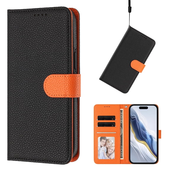 ELEHOLD 2-in-1 Magnetic Wallet Case for iPhone 14 Plus, RFID Protection Leather Shockproof TPU Case with Wrist Strap, Stand Function,Black