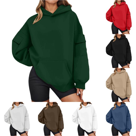 NinXxx Women's Long Hooded Sweatshirt Oversized Pocket Front Pullover Green S