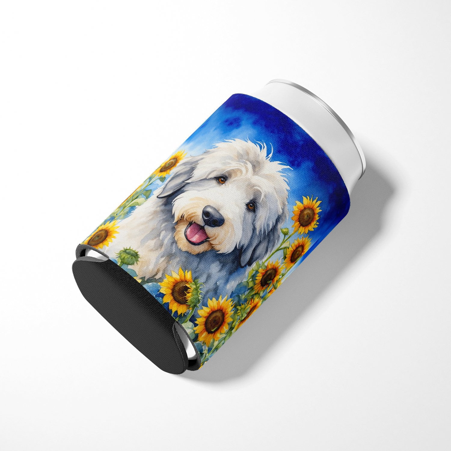 Old English Sheepdog in Sunflowers Can or Bottle Hugger 3 in x 5 in