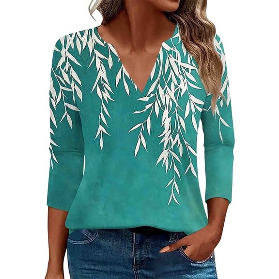 3/4 Sleeve Tops for Women Dressy Spring Tops for Women Women's Fashion Boho Shirts Floral Printed T-Shirt 3/4 Sleeves Blouse V-Neck Casual Tops Green XXL