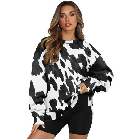 SCRAWLGOD Cow Print Black White Womens Long Sleeve Sweatshirts Casual Crewneck Pullover Tops Drop Shoulder Fashionable Sweatshirt with Pocket for Daily Wear XXL