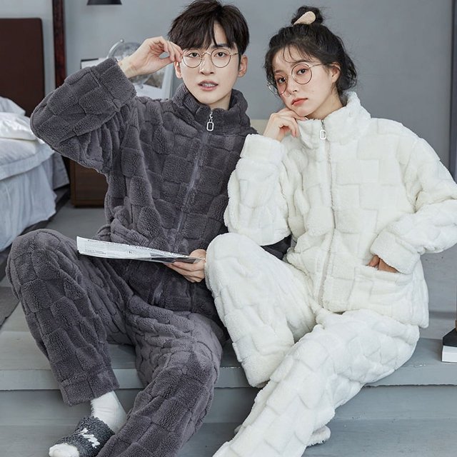 Pijamas de exterior para mujer, para otoño e invierno, de franela gruesa con cuello alto y cremallera, forro polar coral, para parejas, para el hogar