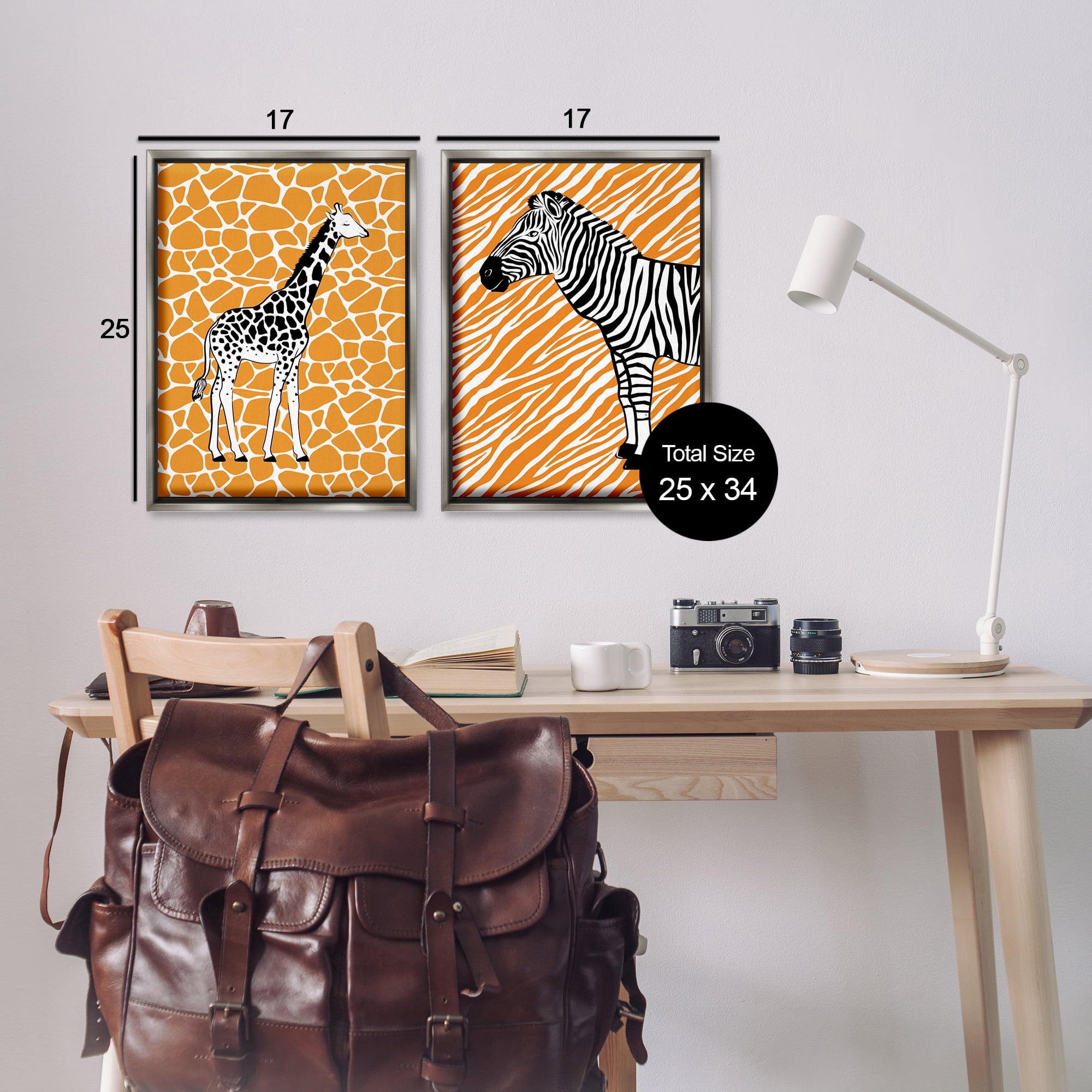 Stupell Industries Jungle Animals on Orange Animals Painting Gray Floater Framed Canvas Art Print Wall Art, 17 x 25, Set of 2