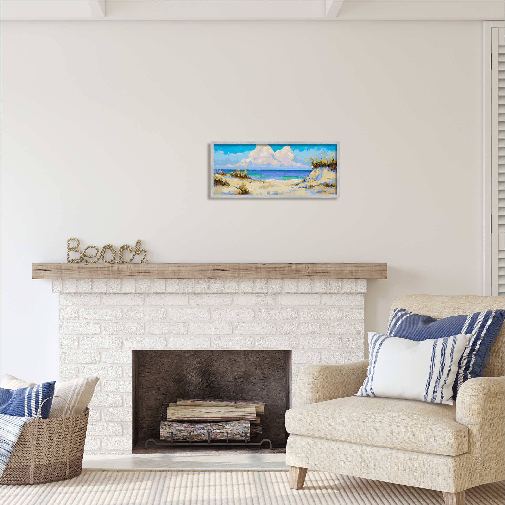 Stupell Industries Modern Cloudy Beach Nature Painting Gray Framed Art Print Wall Art, 24 x 10
