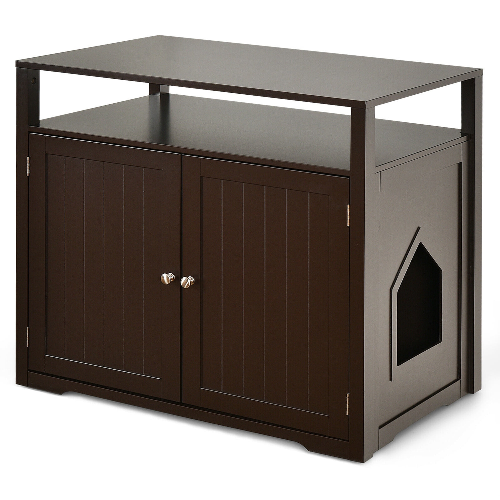 Gymax Brown Wooden Cat Litter Box Enclosure with Storage Layer