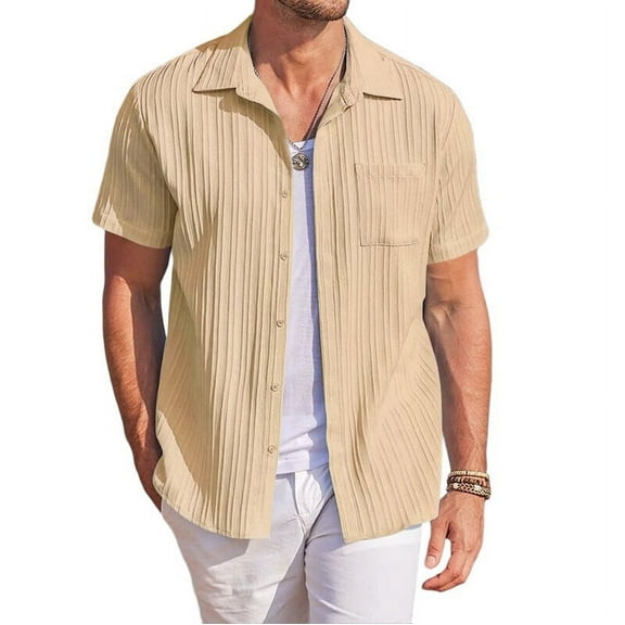 Men'S Casual Button Down Shirts Short Sleeve Textured Summer Beach Shirt with Pocket Khaki S