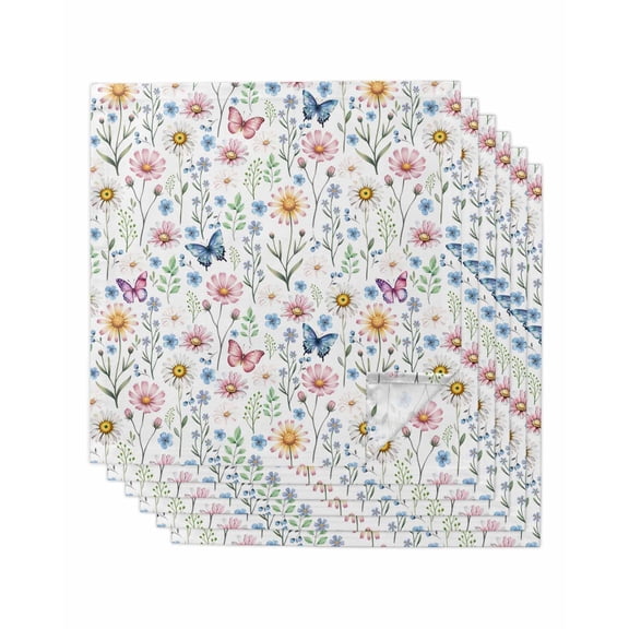 Pink Spring Floral Cloth Napkins Set of 6 Reusable Dinner Napkins, Elegant Pastoral Flowers Butterfly Cocktail Napkin Washable Table Napkins for Wedding/Holiday Party/Baby Shower 20"x20"