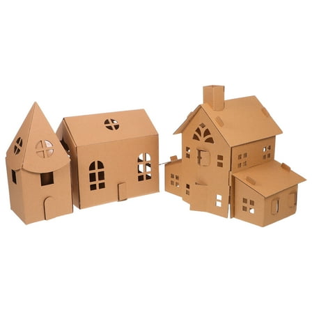 RENACLIPY 3-Piece Cardboard Playhouse Craft Kit in Khaki for Kids Creative Play and Fine Motor Skill Development